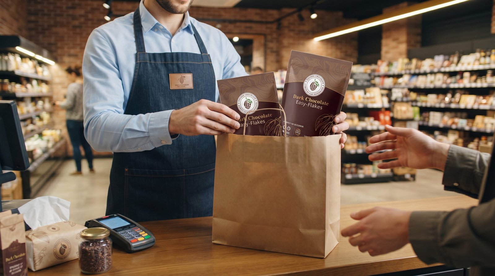 About Us clerk packing chocolate at register 202608090236