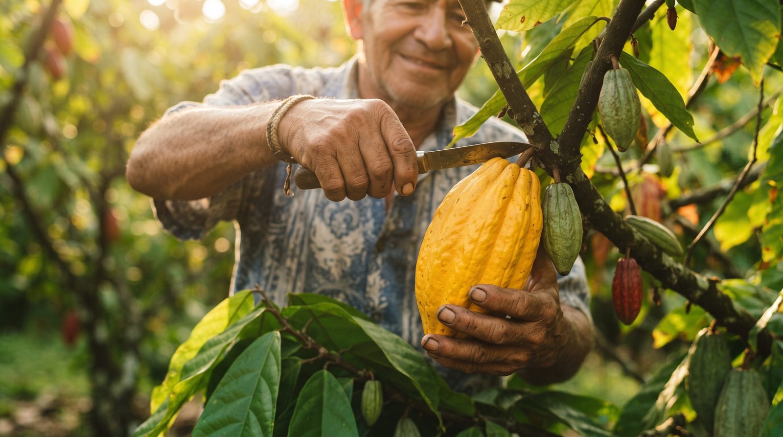 About Us farmer harvesting cacao pod 2k 202608090229