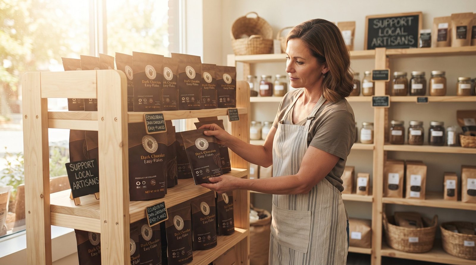 About Us shop owner arranging chocolate p… 202608090235
